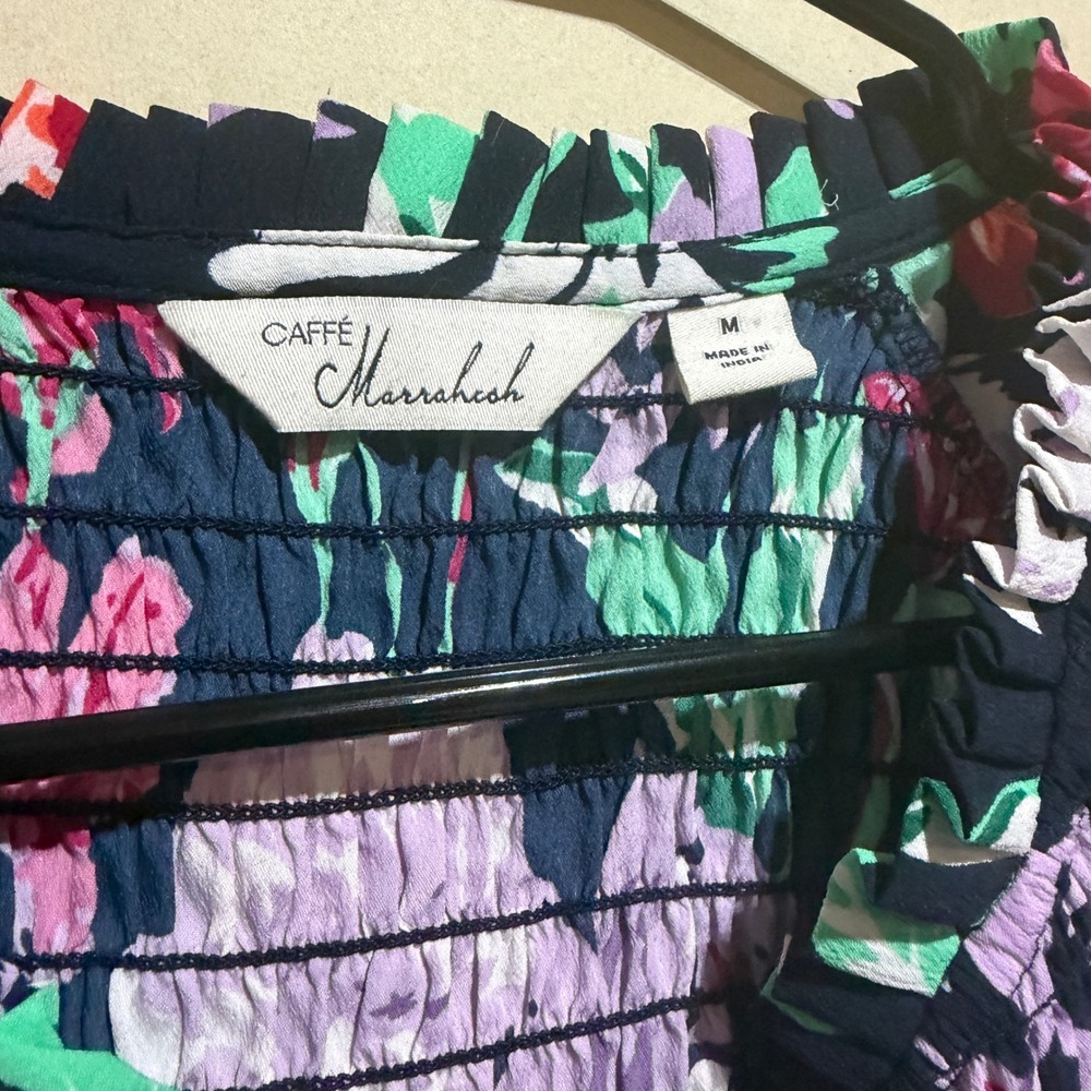 Caffe Marrakesh Floral Smocked Tunic Top Navy Purple Green Size M - Picture 2 of 7